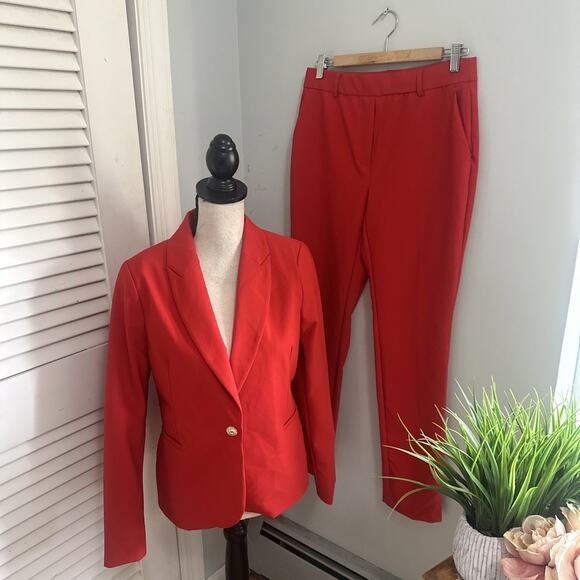 NICOLE MILLER Pant Suit Womens Small Red Blazer Tapered Trouser Modern Career - Picture 1 of 16